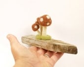 Rusty Red Toadstools on a piece of gorgeous Driftwood Art Sculpture, Needle Felted Wool and Mixed Media Art, Whimsical Woodland Scene