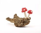 Red Toadstools on a piece of gorgeous Driftwood Art Sculpture, Needle Felted Wool and Mixed Media Art, Whimsical Woodland Scene - Fairyfolk