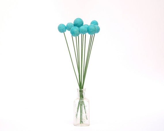 Robin Egg Blue Felt Flowers, Shabby Chic Home Decor Craspedia Wool Billy Button Flower Ball Pom Pom turquoise aqua decorating for her