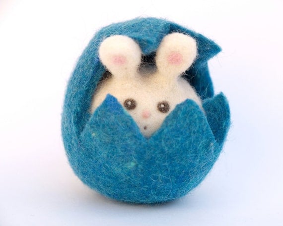 Blue Easter Bunny in a Blue Easter Egg . Needle Felted Wool toy for Boys - Waldorf - Fairyfolk - The Magic Onions