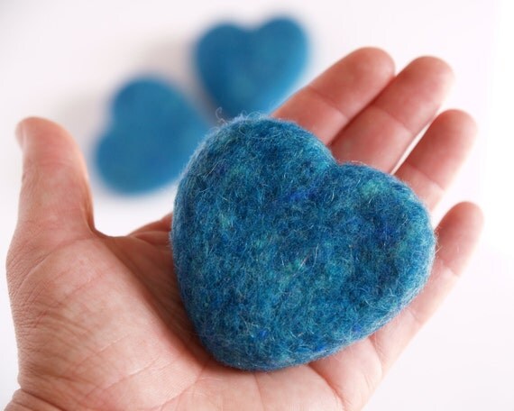 Needle Felted Hearts, Nautical Blue, 3 Large Felt Wool Hearts, Love gift Beach Cottage Home Decor - Seventh Wedding Anniversary 7th