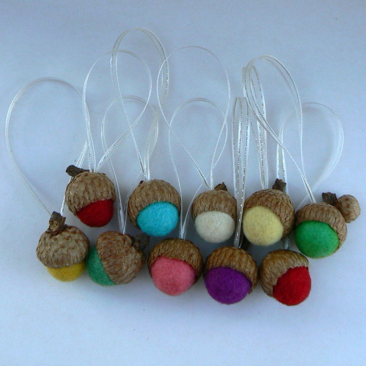 Handmade Christmas Ornaments, Acorn Ornaments, Decorations, 10 Hanging Felted Acorns, colorful pastel wool rainow, eco friendly, all natural