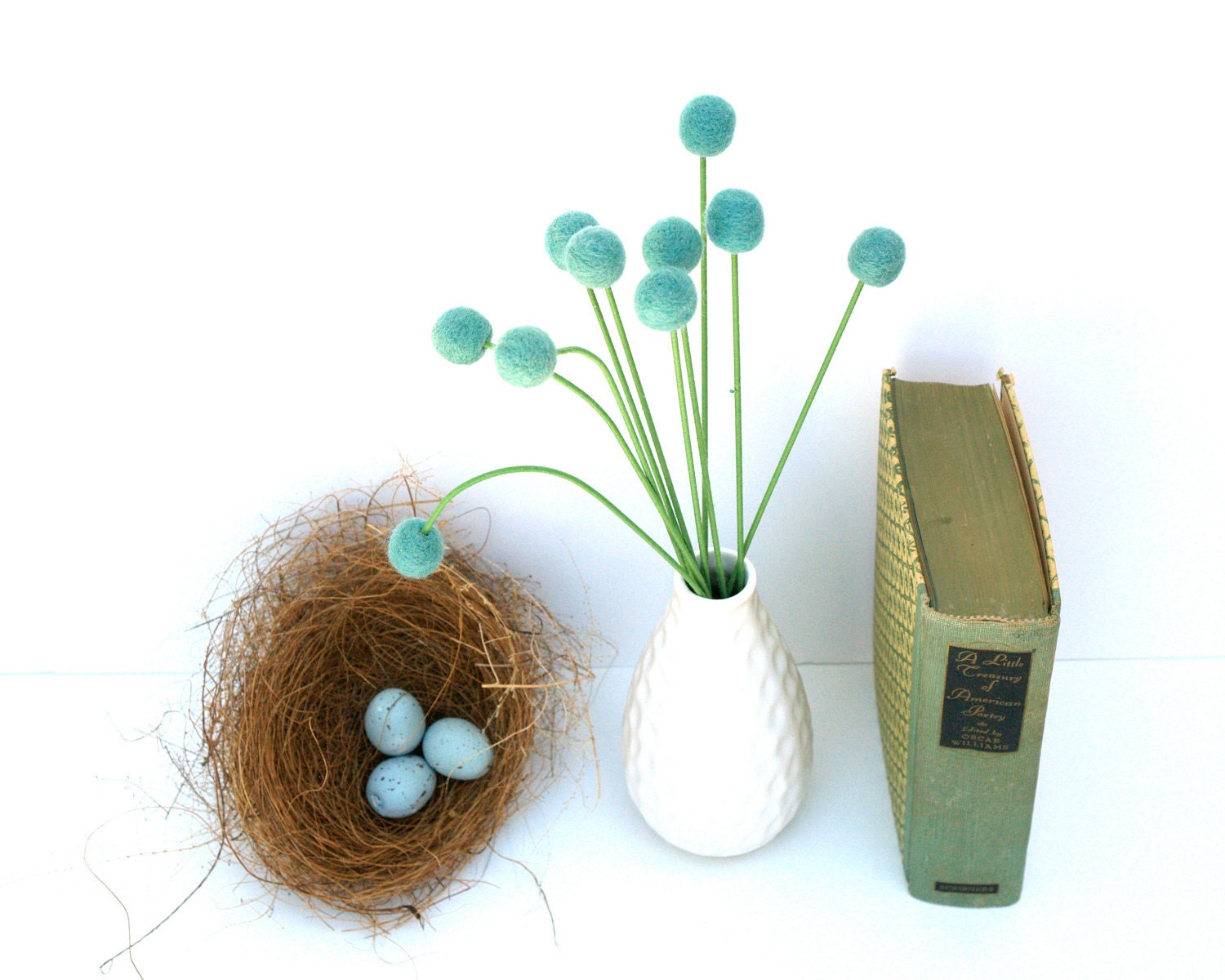Wool Flowers, felt Craspedia Billy Button Ball Blooms Easter Egg home decor teal turquoise blue green handmade housewarming gift pom pom