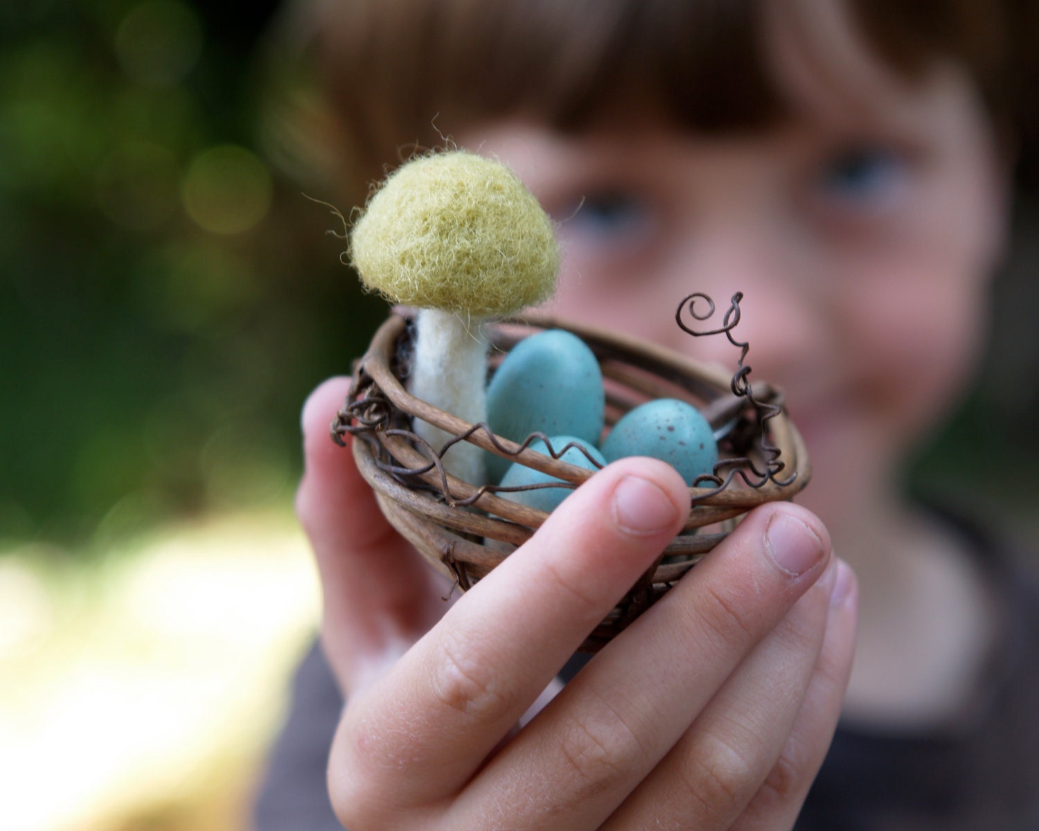 Fathers Day Gift, Robins Nest with Turquoise Blue Eggs and a Moss Green Toadstool, Needle Felted Mixed Media Art, Whimsical Woodland Easter