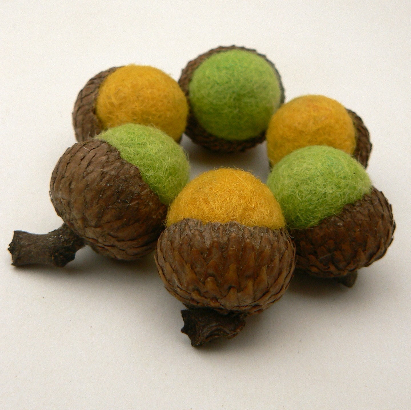 Six Felted Acorns - Lemon and Lime - Waldorf Inspired.