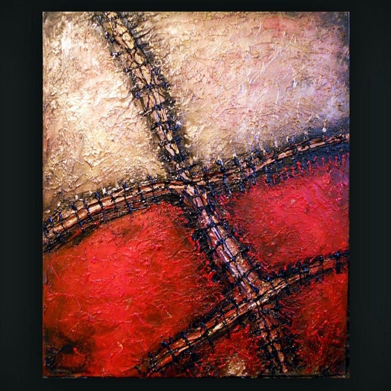 Gold & Red Abstract Texture Painting, Steampunk Wall Art, Goth Decor, 22 x 28, A Stitch in Time
