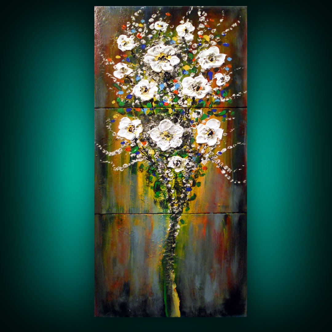 art original abstract painting palette knife painting floral flower painting impasto textured abstract 33 x 14