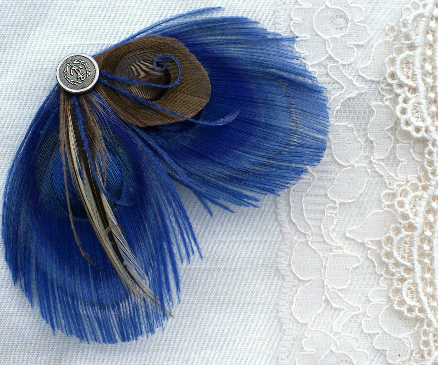 3 Bridesmaid Hair Fascinators, Hair Pieces, Bridesmaid Gift, Peacock Feather Accessories in BOHO BEACH- blue ivory brown- Boho Beach Wedding