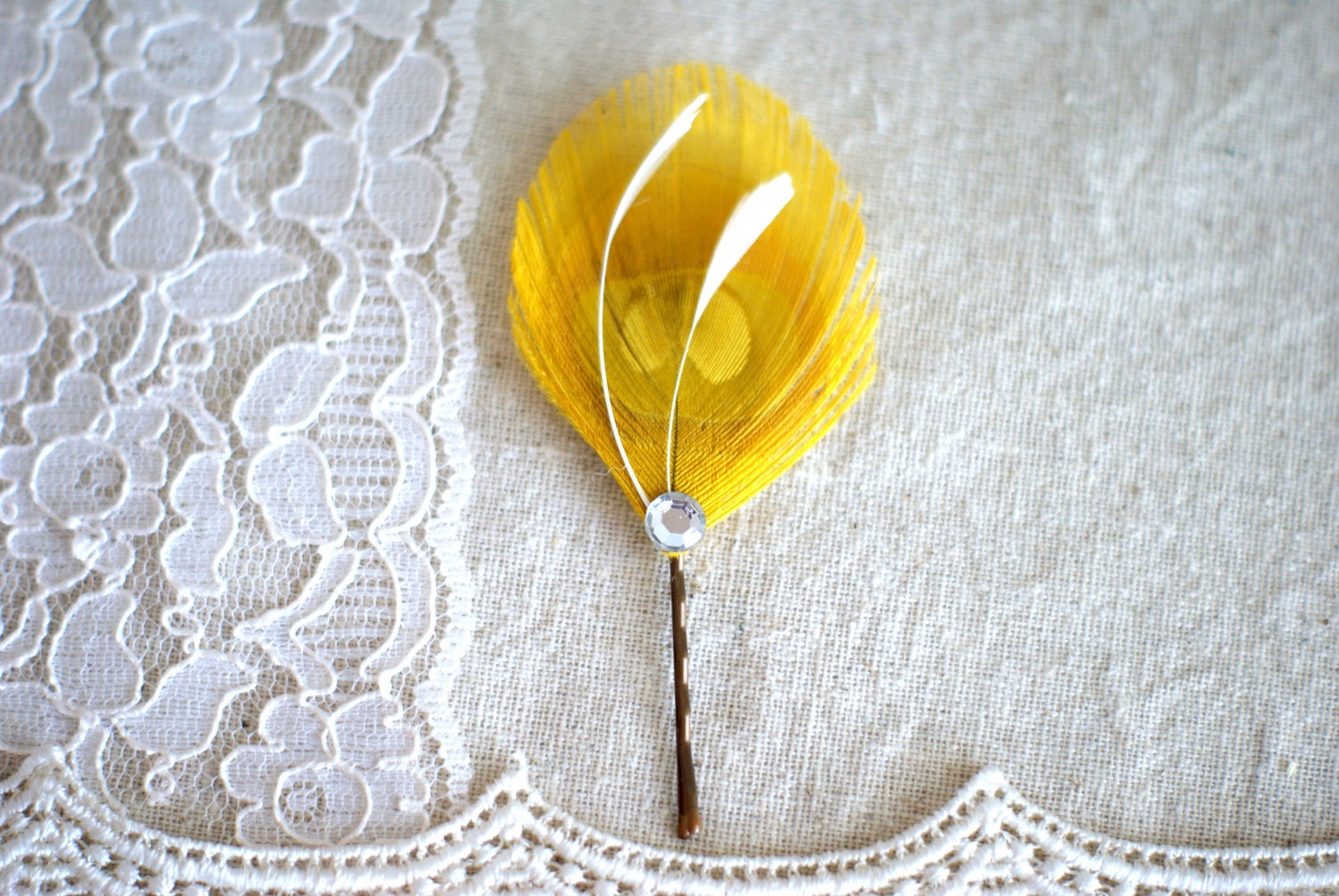 Feather Hair Pin GOLDIE, Peacock Hair Accessory, Hair Feather Hair Pins - mustard yellow gold citrine - summer gifts under 10