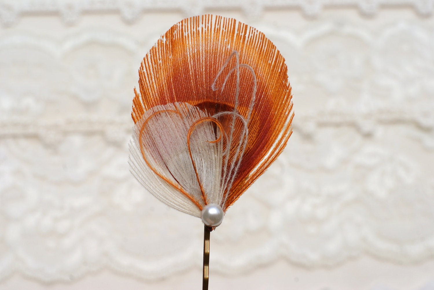 3 Bridesmaid Feather Hair Pins, Peacock Hair Accessory, Bridesmaid Gift - Hair Pin in TANGERINE - orange ivory spring wedding