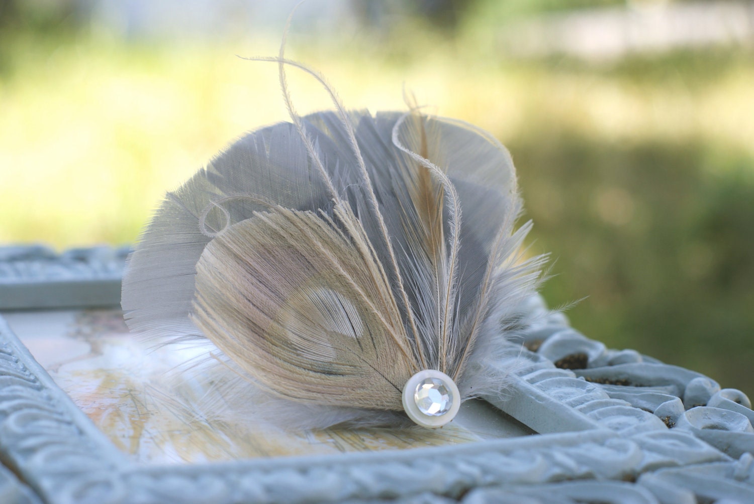 Feather Hairpiece, Peacock Hair Accessory, Feather Fascinator PLATINUM - Grey and Ivory - boho, bohemian, rustic, natural