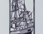 Galleon linocut letterpress print