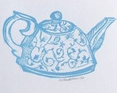 little blue teapot original linocut print