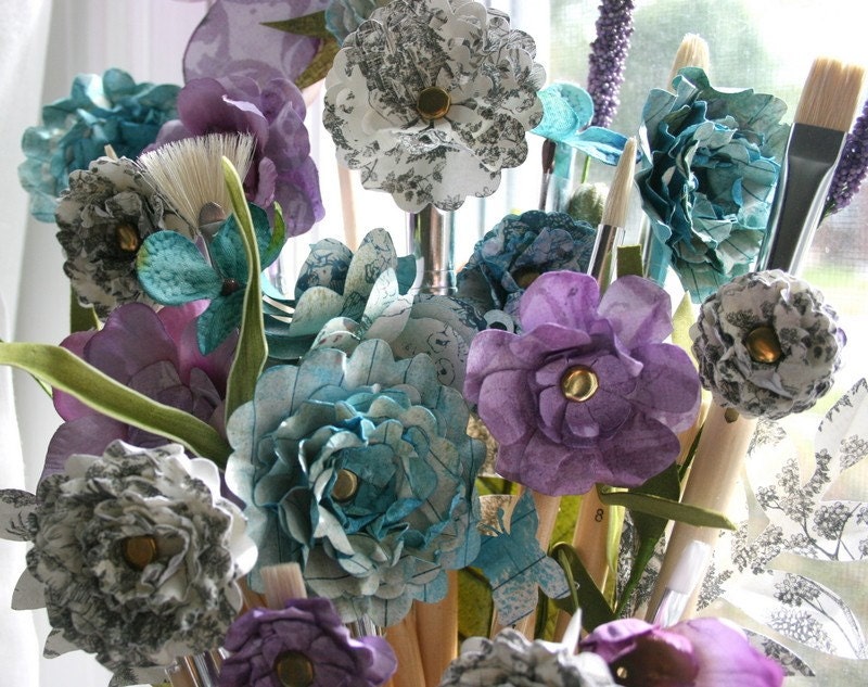 Custom Paintbrush Bouquet - Paper Flowers in Vase Shabby Chic Home Decor Gift