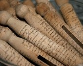 Wooden Clothespins - French Script - Vintage Style - Stamped and Distressed