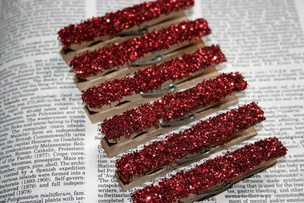 Shabby Chic Clothespin Set - Vintage Style Red German Cut Glitter - Set of 25 - Wedding Decorations Party and Event Decor