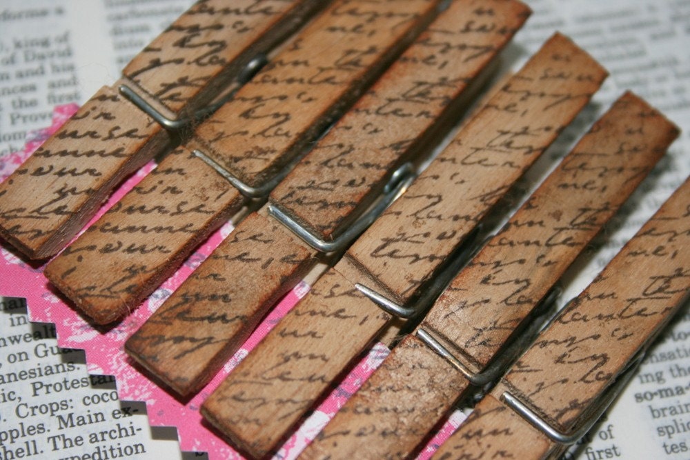 Shabby Chic Wood Clothespin Set - Vintage French Script - Set of 25 - Wedding Event Home Decor Organization