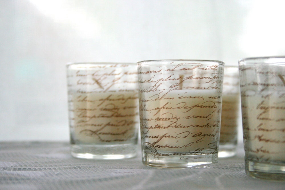 Shabby Chic Mini Votive Candle Set- 10 French Script Stamped - Celebration Wedding Cottage Chic French Country Home Decor