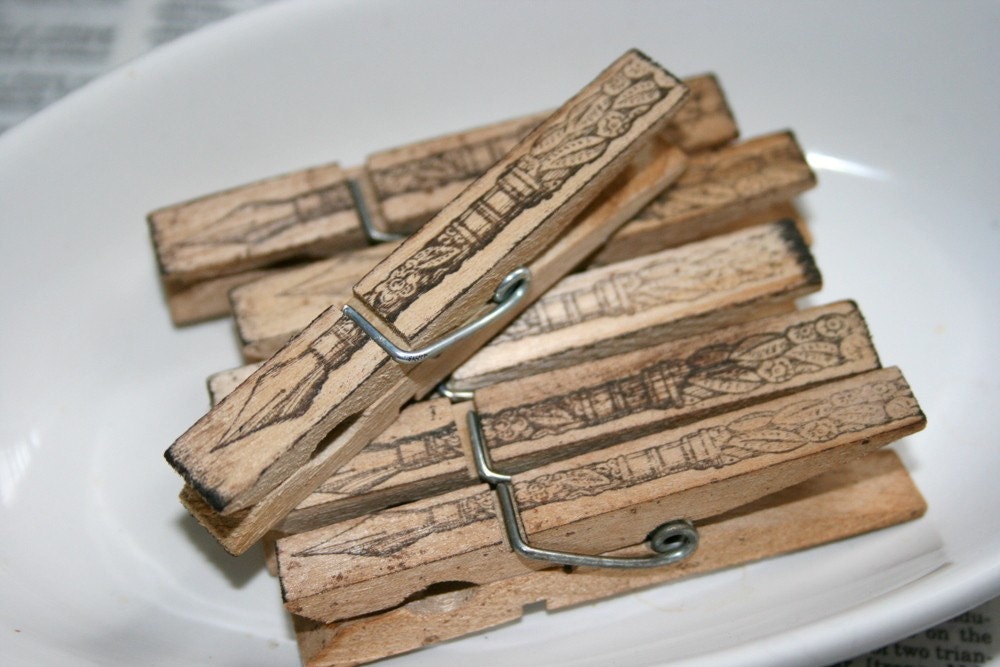 Wood Clothespin Set - Vintage Fountain Pens - Shabby Chic Home Decor