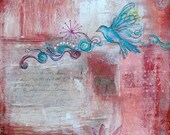 Mixed media blue bird illustration- Large Archival Print-Songbird