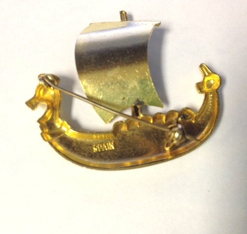 Vintage mid century damascene asian inspired dragon boat brooch, enamel made in spain