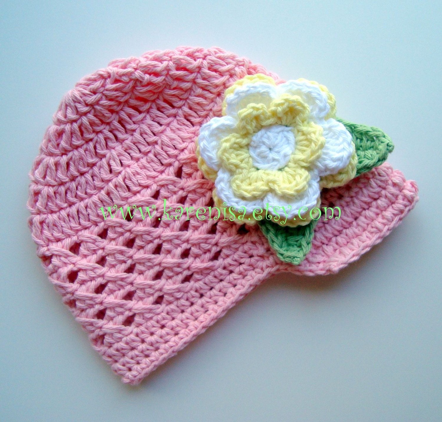 Infant /Toddler/Girls Cotton Crochet Visor Beanie Hat -Light Pink with Yellow and White Flower and Sage Green Leaves-MADE TO ORDER