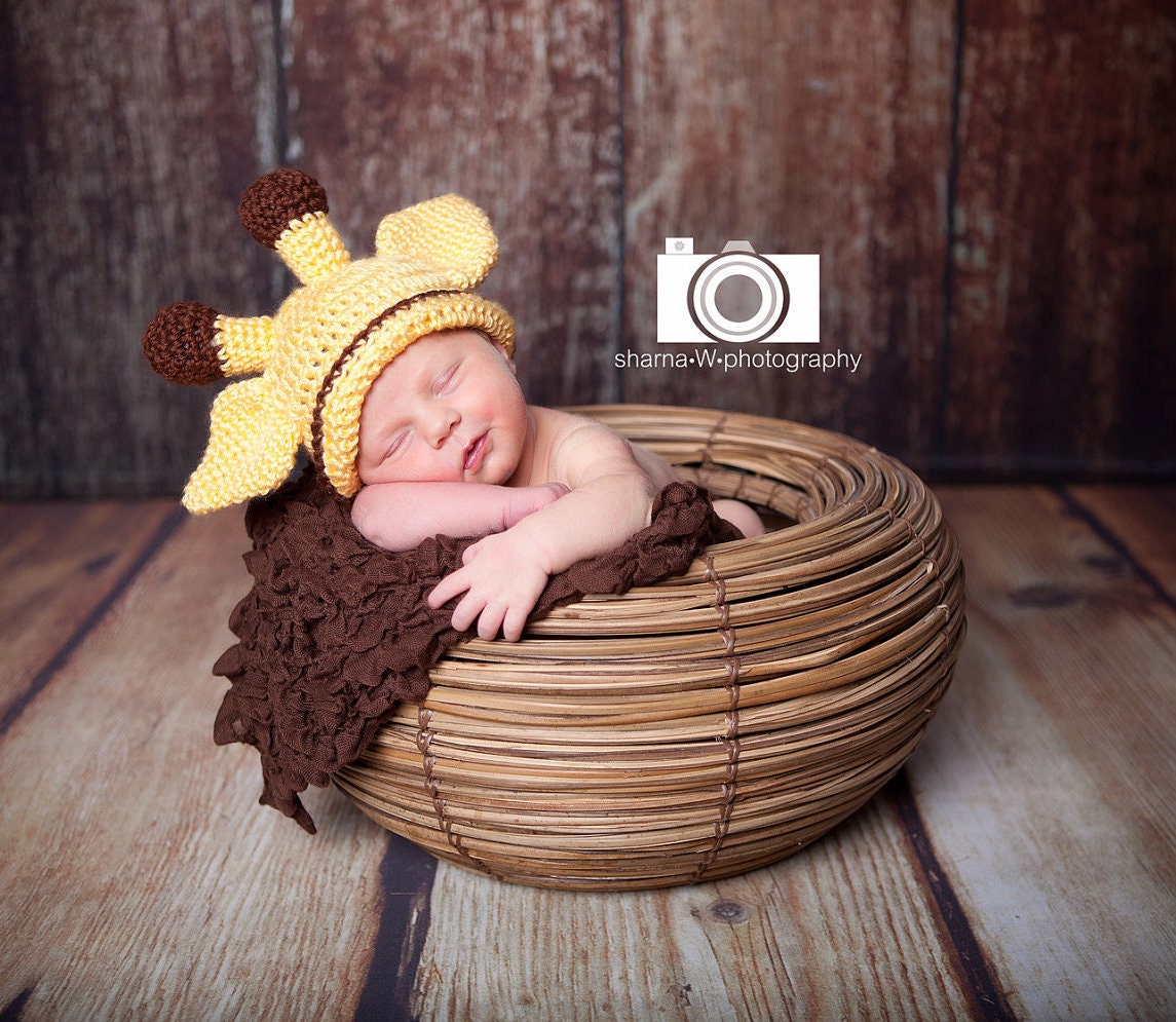 Baby Giraffe Hat, Hand Crocheted Infant Giraffe Beanie Hat, MADE TO ORDER, Size Newborn to 3 months 0-3 Months