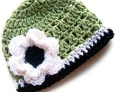 Crochet Baby Hat, Baby Girls Crochet Beanie Hat, Sage Green, White, Black, MADE TO ORDER