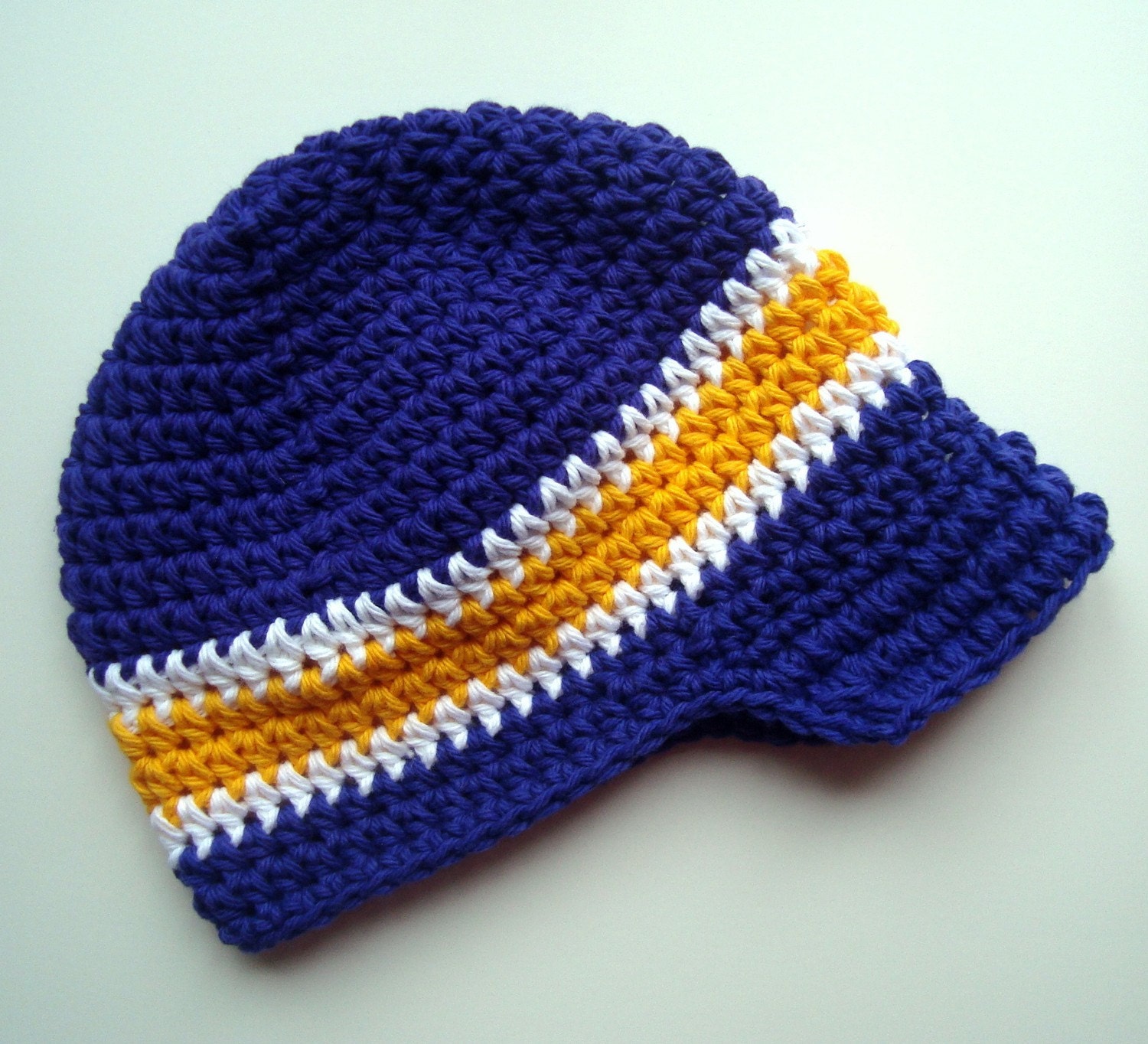 Boys Crochet Hat, Crochet Visor Beanie Hat, Purple/Gold/White, colors of the Minnesota Vikings-MADE TO ORDER