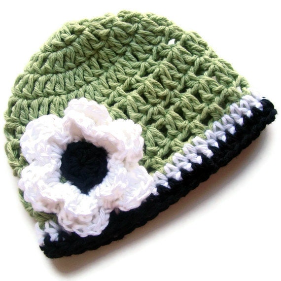 Crochet Baby Hat, Baby Girls Crochet Beanie Hat, Sage Green, White, Black, MADE TO ORDER