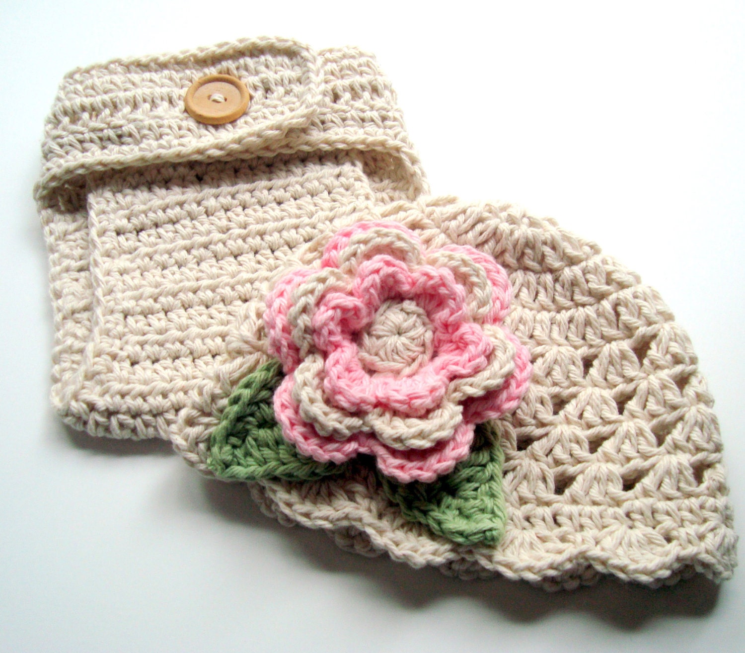 Crochet Baby Hat, Diaper Cover, Hand Crocheted Beanie Hat and Diaper Cover Set, 0-3 Months, Ecru/Pastel Pink/Sage Green-MADE TO ORDER