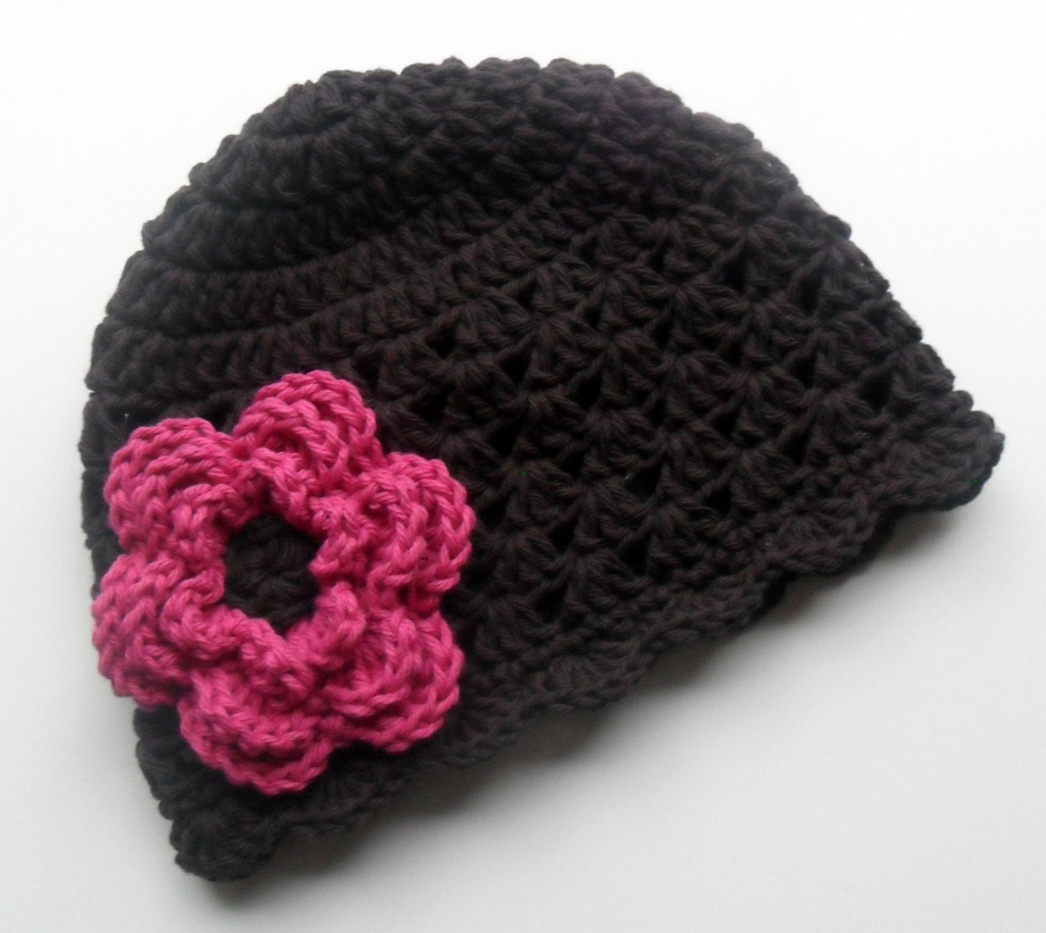 Crochet Baby Hat, Chocolate Brown and Hot Pink Girls Crochet Beanie Hat for infants, newborn, toddlers-MADE TO ORDER