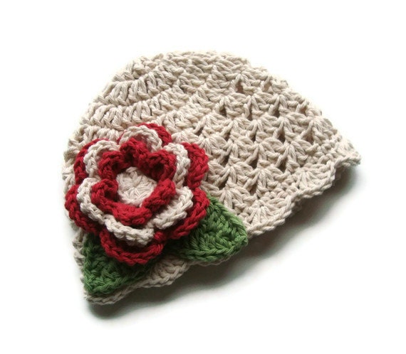 Crochet Baby Hat, Crochet Infant beanie hat with Flower, ecru, country red, sage green-MADE TO ORDER