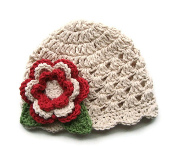 Crochet Baby Hat, Crochet Infant beanie hat with Flower, ecru, country red, sage green-MADE TO ORDER