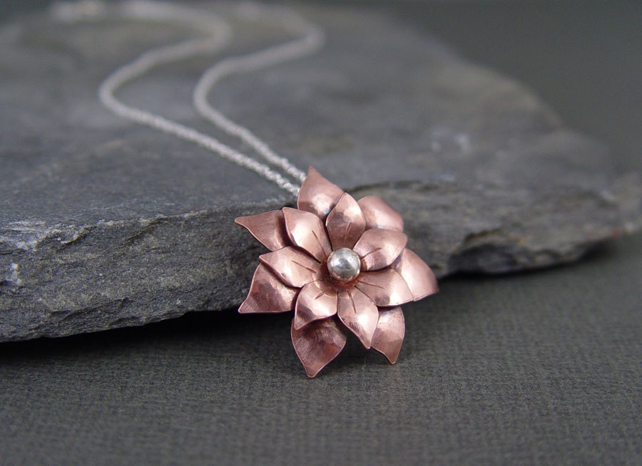 Poinsettia copper pendant, Holiday Jewelry, Gifts for her, Christmas gifts, metalsmithing, One of a Kind
