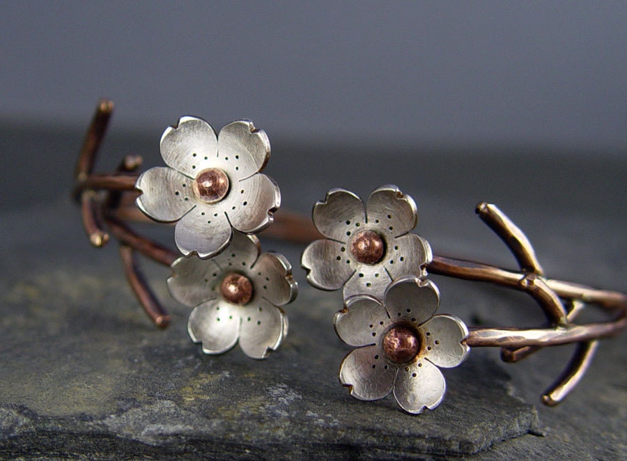 Cherry Blossom Bronze Cuff, Sakura bracelet, Spring Flower Cuff, Gifts for Mom, Gifts for her, Silver Plum Cuff
