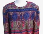 Colorful two piece paisley outfit from the late 80s in jewel tones