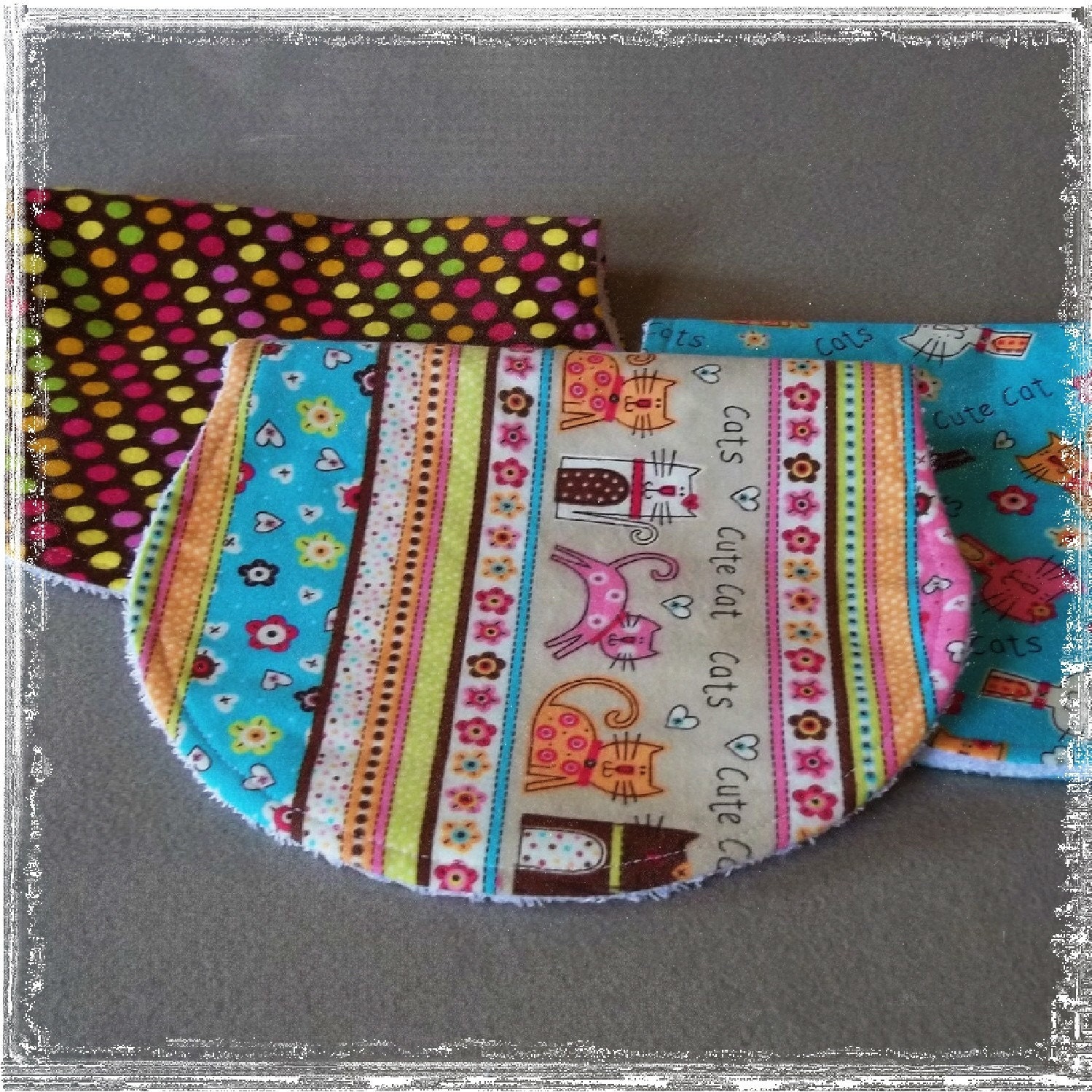 Set of 3 Contoured Terry Cloth n Flannel Burp Cloths -  Cats Pink, Tan n Teal