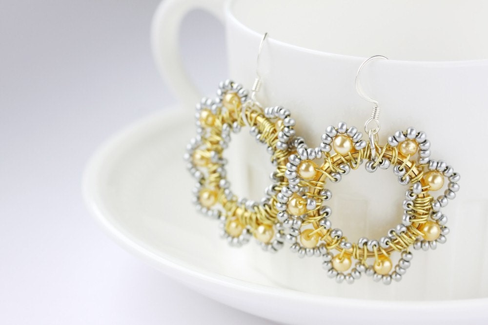 Dangle Earrings, Yellow, Pearl, Beadwork,  Gold, Silver Earrings,Hoop Earrings, Wire Wrapped, Bridal Accessories, Wedding, Sale