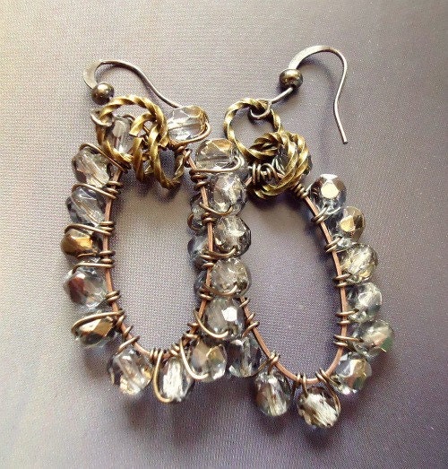 Dangle, Drop, Hoops, Beaded, Hippie Earrings, Retro, Gray, Wire Wrapped, Beadwork,Bridal Accessories, Bohemian Jewelry, Bronze, Copper Hoops
