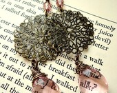 Drop Earrings, Handmade, Dangle, Pink, Copper, Pewter, Beaded, Filigree, Cocktail, Statement, Quartz, Bohemian Jewelry, Diva, Hippie