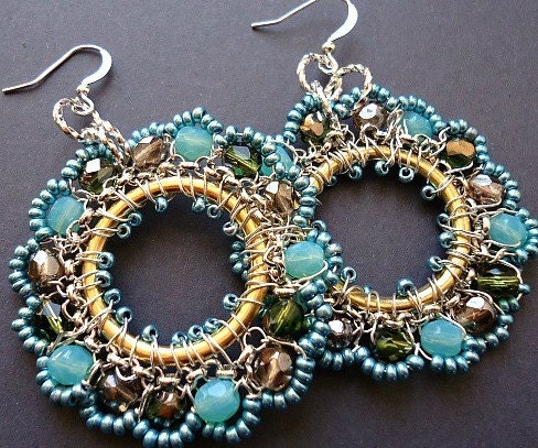 Aqua Earrings, Hooped, Intricate Beadwork, Festive Earrings, Dangle, Drop, Statement, Wre Wrapped, Bohemia Jewelry, Weddings