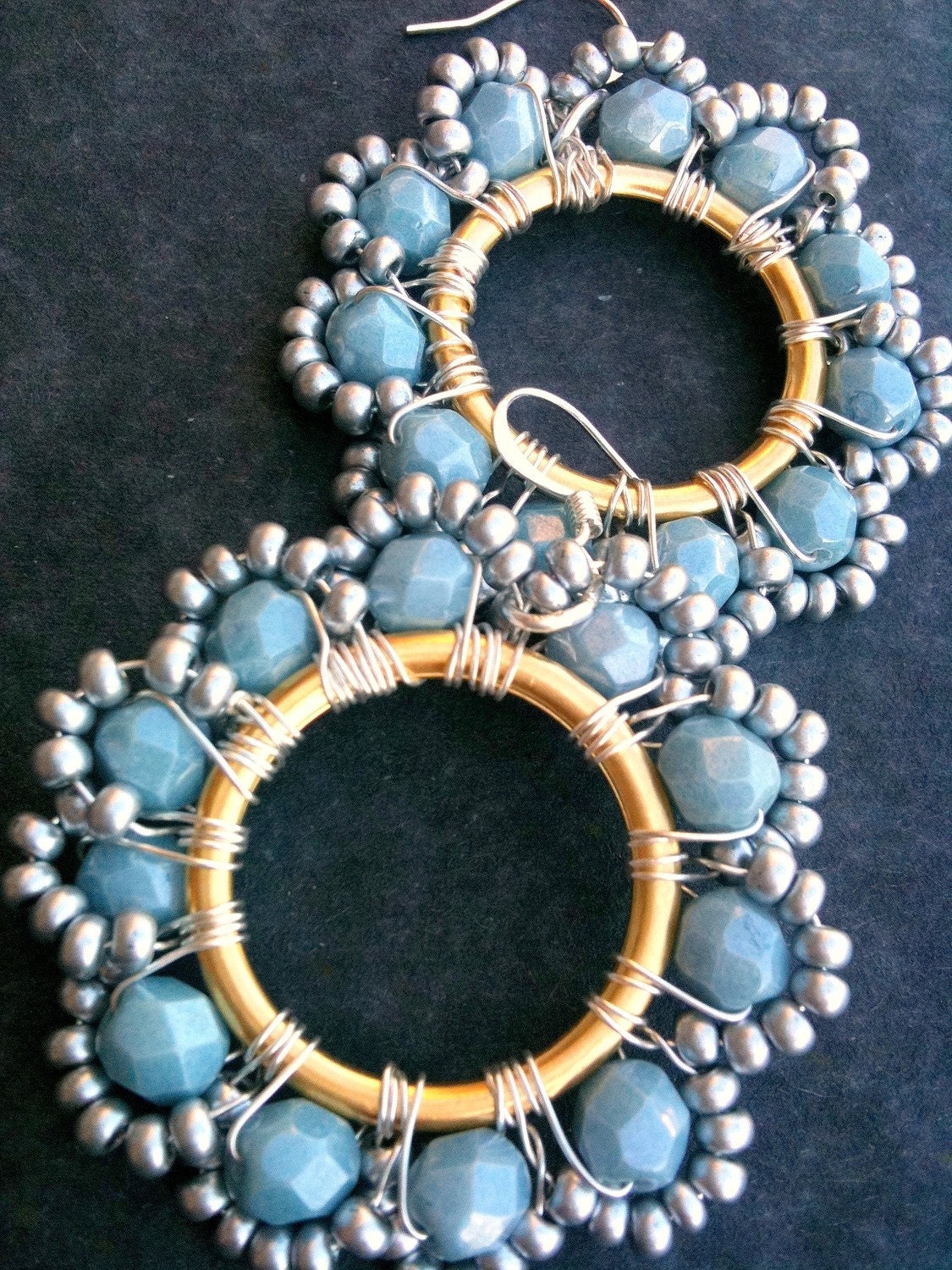 Pale Blue Earrings, Statement Earrings, Intricate Beadwork, Beaded, Dangle, Hoops, Handmade, Holiday, Unique Earrings, Cocktail,
