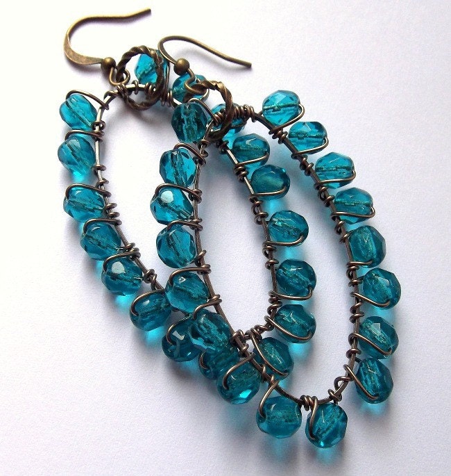Hoop, Teal Earrings, Beaded, Wire Wrapped, Bohemia Jewelry, Cocktail, Gunmetal, Oval Hoops, Beadwork, Simple Bohemian Earrings