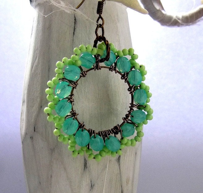 Green Earrings, Hoop, Statement, turquoise, Drop, Dangle, Springtime, Beadwork, aqua, colorful, Bridal Accessories, Weddings