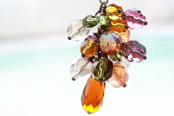 Chandelier Earrings, Drop, Dangle, Beadwork,  Cluster, Orange, Brown Earrings, Fall Colors, Beaded, Copper, Wire Wrapped, Hippie Earrings