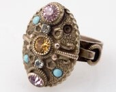 Size 4.5 Gorgeous Goldtone Antique Costume Ring with Multicolored Stones
