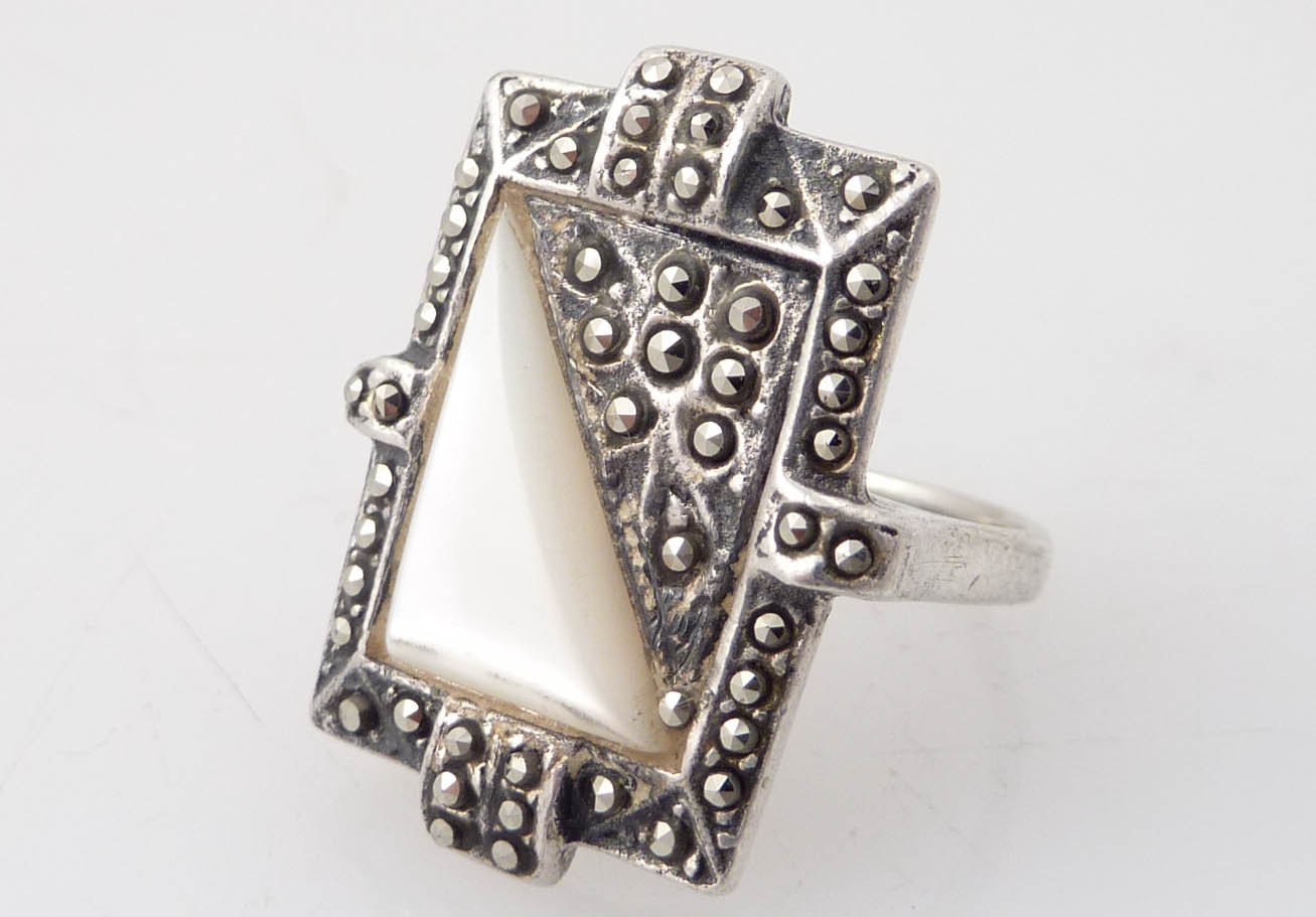 Size 5.25 Vintage Art Deco Style Marcasite Paved Sterling and Shell Ring