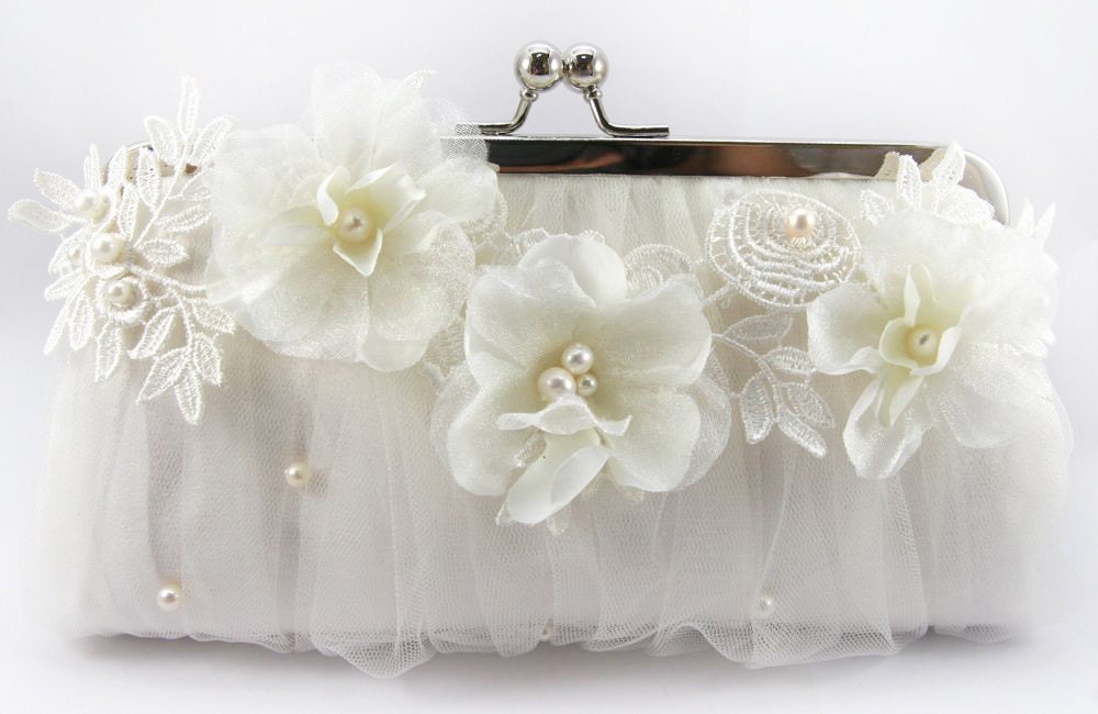 Bridal Clutch with Alencon Lace Organza Flower in Ivory 8-inch LAFORET
