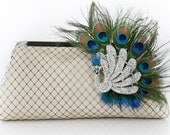 Champagne Clutch with Peacock Feather Rhinestone Brooch 8-inch PEACOCK PASSION